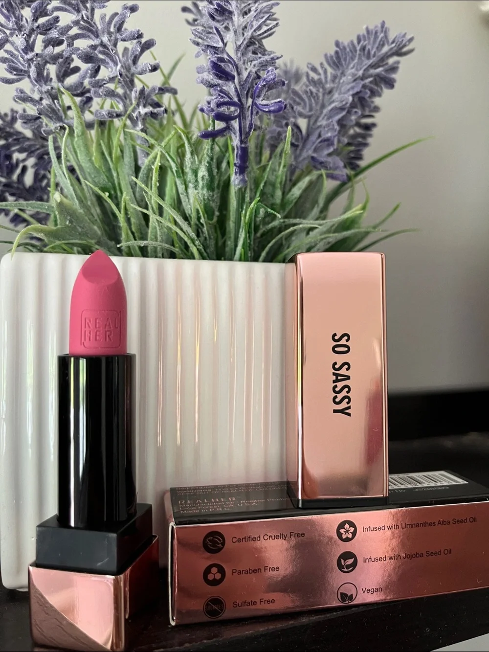 REALHER MOISTURIZING LIPSTICK SO SASSY PINK SHEA BUTTER AND VITAMIN E